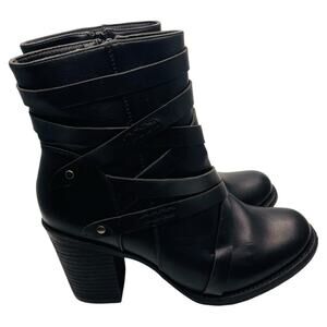 Pierre Dumas black moto strappy block heel ankle booties 9